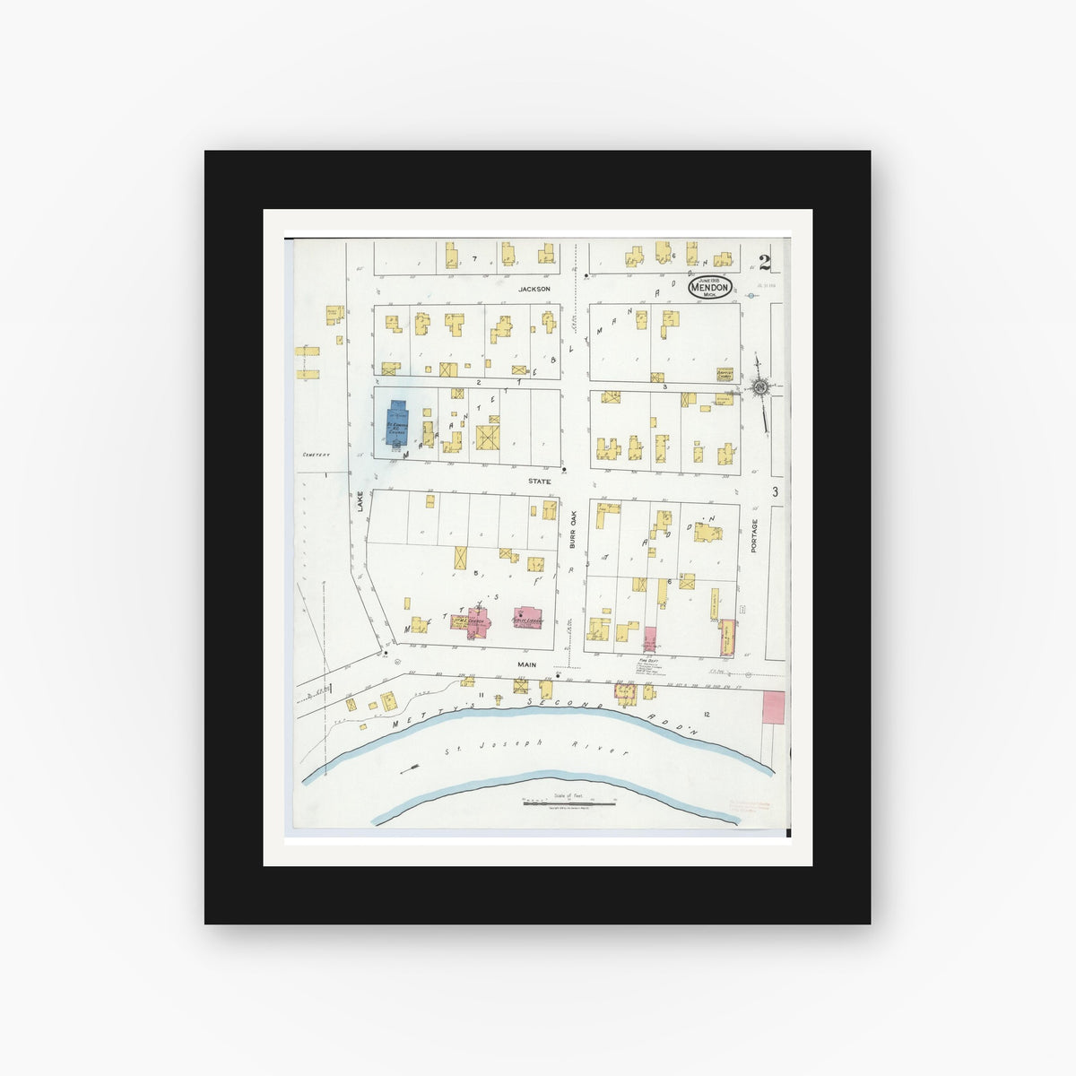 Old map wall art mockup — black gallery frame with white mat — Sanborn Fire Insurance Map from Mendon, Saint Joseph County, Michigan (1918), Sheet #0002