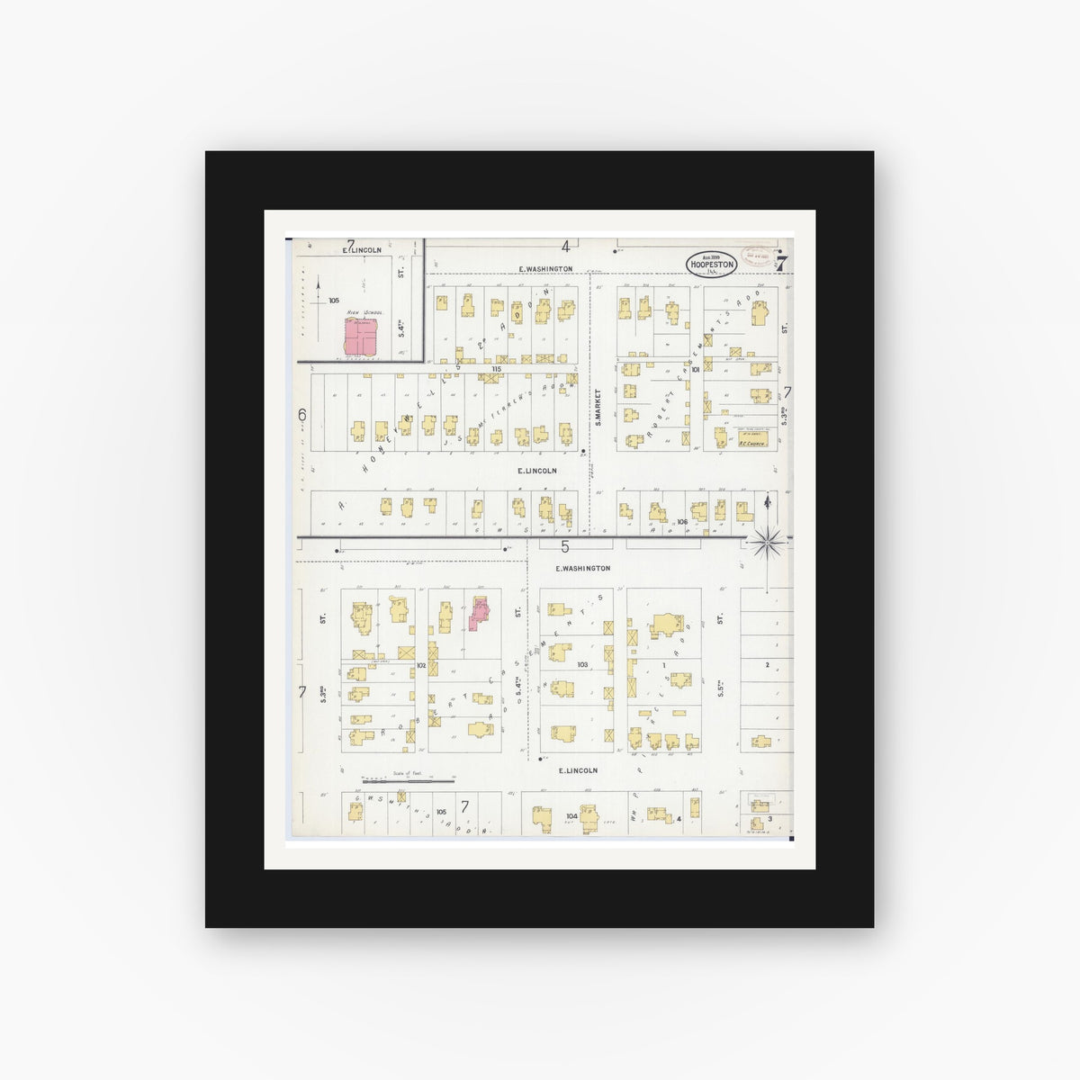 Old map wall art mockup — black gallery frame with white mat — Sanborn Fire Insurance Map from Hoopeston, Vermilion County, Illinois (1899), Sheet #0007