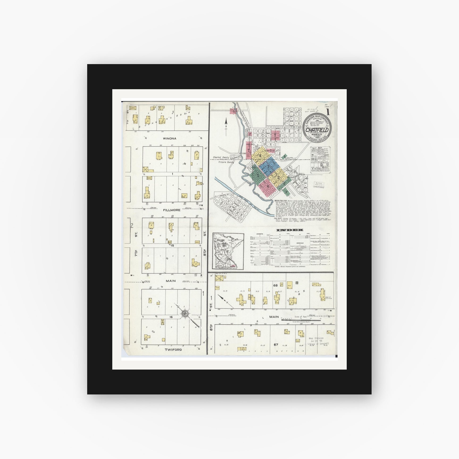 Old map wall art mockup — black gallery frame with white mat — Sanborn Fire Insurance Map from Chatfield, Fillmore And Olmsted Counties, Minnesota (1920), Sheet #0001