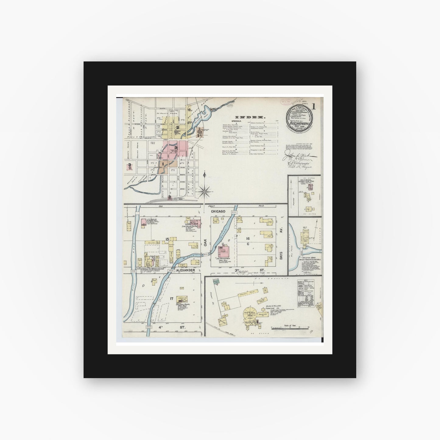 Old map wall art mockup — black gallery frame with white mat — Sanborn Fire Insurance Map from Buchanan, Berrien County, Michigan (1889) - Complete Map Set