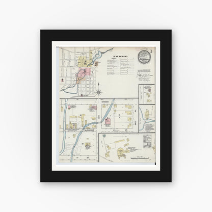 Old map wall art mockup — black gallery frame with white mat — Sanborn Fire Insurance Map from Buchanan, Berrien County, Michigan (1889) - Complete Map Set