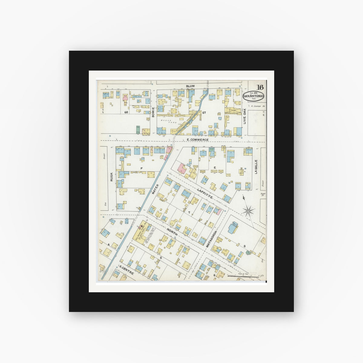 Old map wall art mockup — black gallery frame with white mat — Sanborn Fire Insurance Map from San Antonio, Bexar County, Texas (1892), Sheet #0016