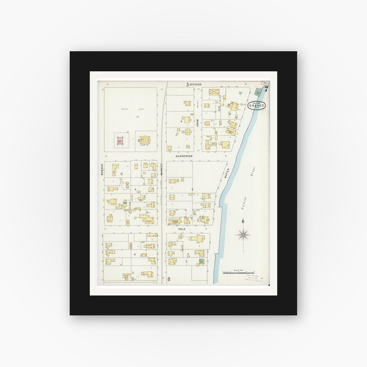 Old map wall art mockup — black gallery frame with white mat — Sanborn Fire Insurance Map from Orange, Orange County, Texas (1896), Sheet #0007