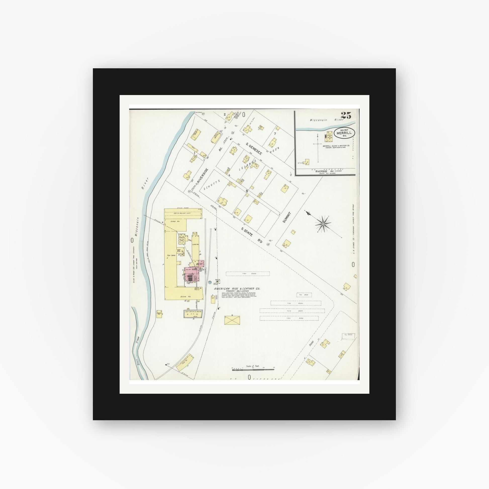 Old map wall art mockup — black gallery frame with white mat — Sanborn Fire Insurance Map from Merrill, Lincoln County, Wisconsin (1907), Sheet #0025