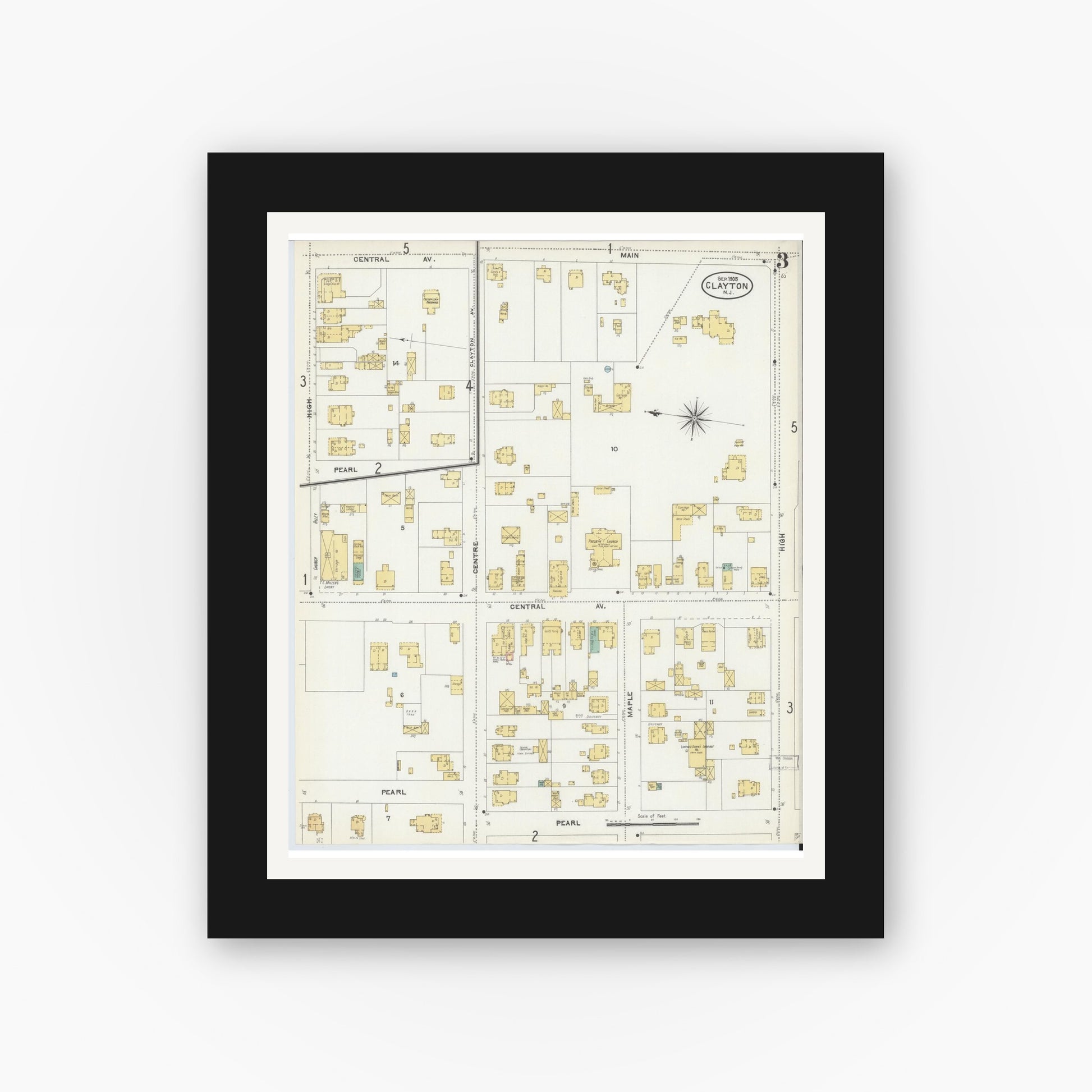 Old map wall art mockup — black gallery frame with white mat — Sanborn Fire Insurance Map from Clayton, Gloucester County, New Jersey (1905), Sheet #0003