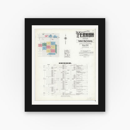 Old map wall art mockup — black gallery frame with white mat — Sanborn Fire Insurance Map from Vernon, Wilbarger County, Texas (1912), Sheet #0001