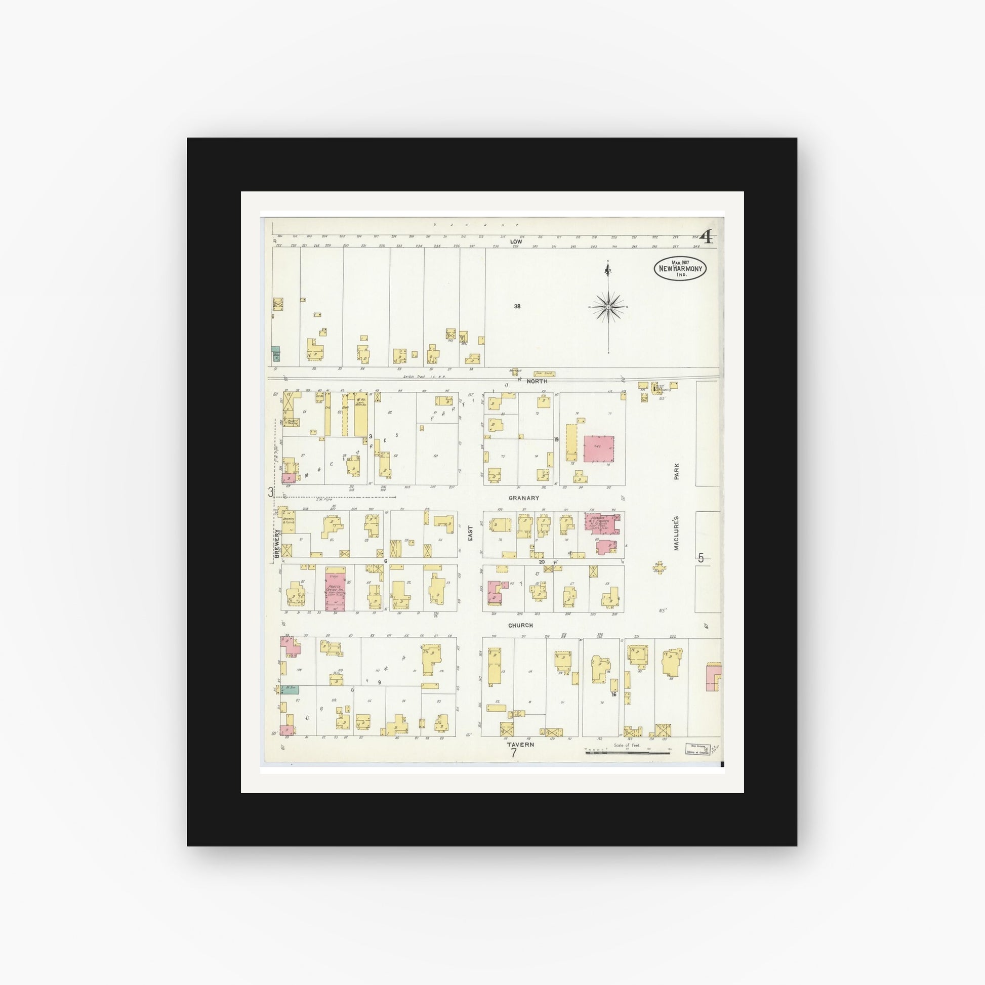 Old map wall art mockup — black gallery frame with white mat — Sanborn Fire Insurance Map from New Harmony, Posey County, Indiana (1907), Sheet #0004