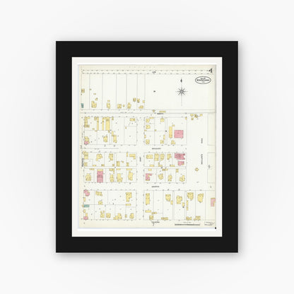 Old map wall art mockup — black gallery frame with white mat — Sanborn Fire Insurance Map from New Harmony, Posey County, Indiana (1907), Sheet #0004
