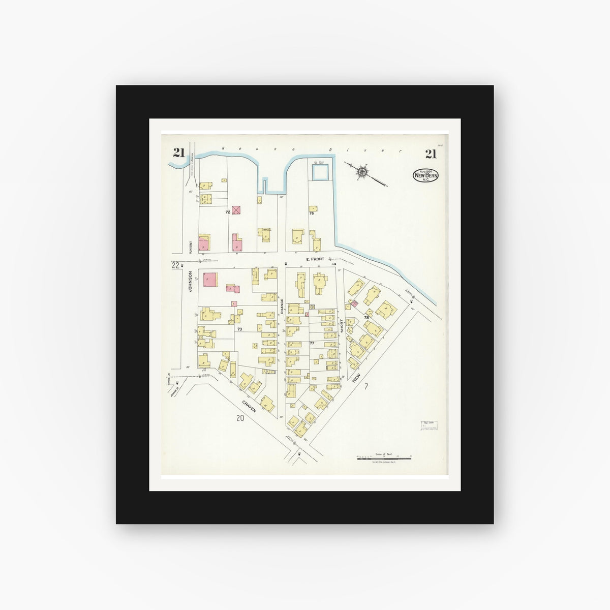 Old map wall art mockup — black gallery frame with white mat — Sanborn Fire Insurance Map from New Bern, Craven County, North Carolina (1924), Sheet #0021