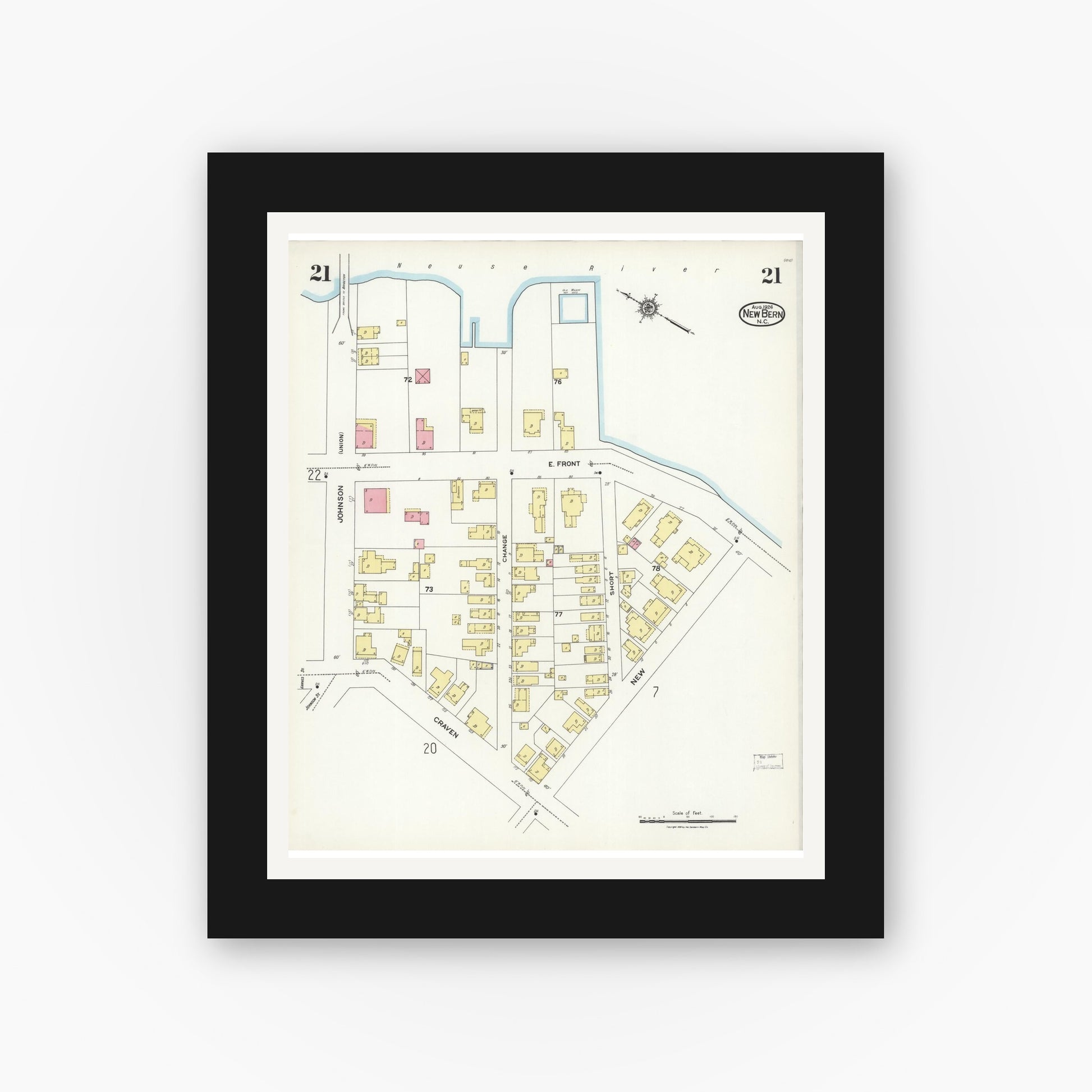 Old map wall art mockup — black gallery frame with white mat — Sanborn Fire Insurance Map from New Bern, Craven County, North Carolina (1924), Sheet #0021