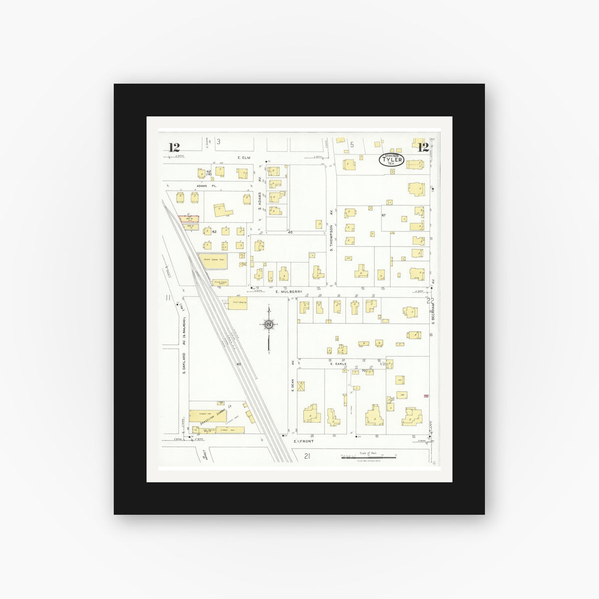 Old map wall art mockup — black gallery frame with white mat — Sanborn Fire Insurance Map from Tyler, Smith County, Texas (1928), Sheet #0012