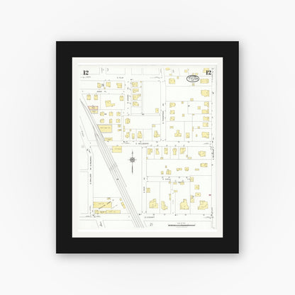 Old map wall art mockup — black gallery frame with white mat — Sanborn Fire Insurance Map from Tyler, Smith County, Texas (1928), Sheet #0012