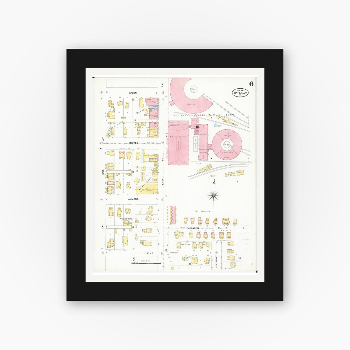 Old map wall art mockup — black gallery frame with white mat — Sanborn Fire Insurance Map from Waterloo, Black Hawk County, Iowa (1906), Sheet #0006