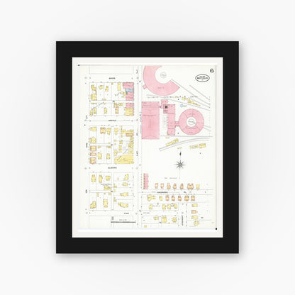 Old map wall art mockup — black gallery frame with white mat — Sanborn Fire Insurance Map from Waterloo, Black Hawk County, Iowa (1906), Sheet #0006