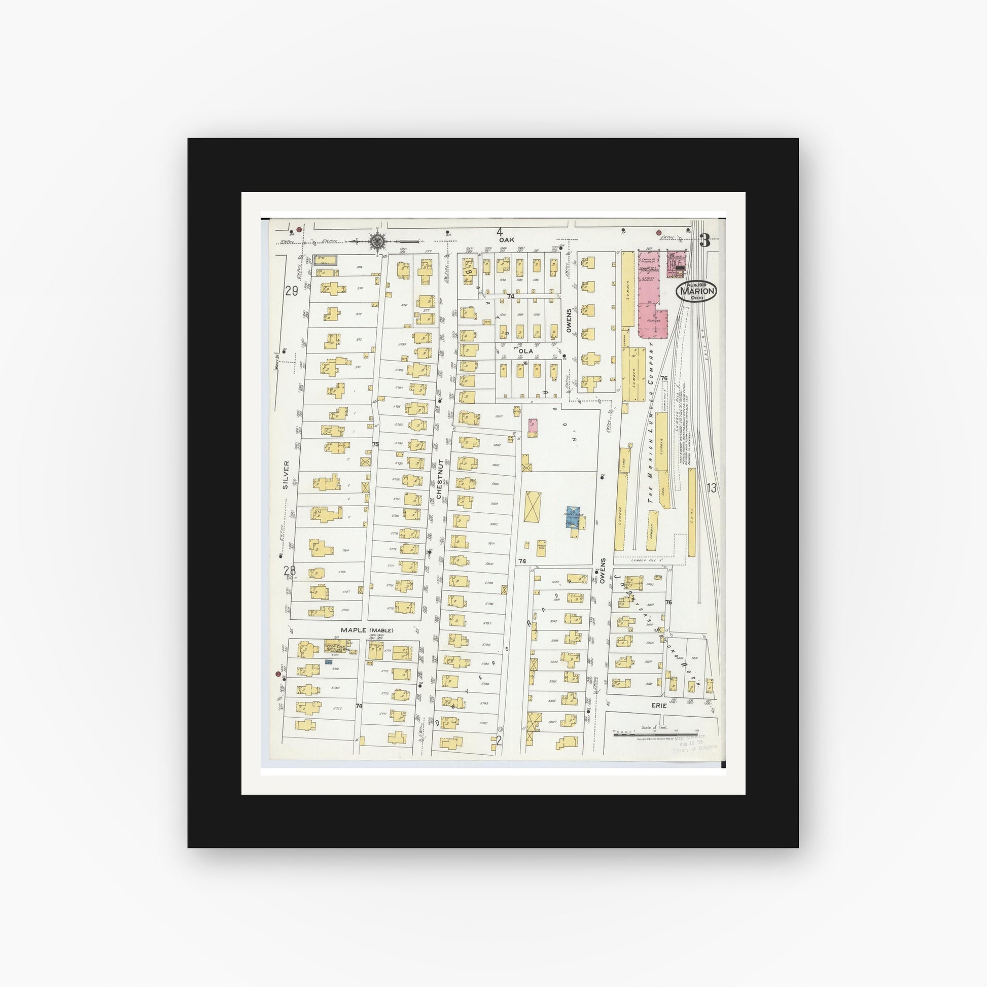 Old map wall art mockup — black gallery frame with white mat — Sanborn Fire Insurance Map from Marion, Marion County, Ohio (1919), Sheet #0003