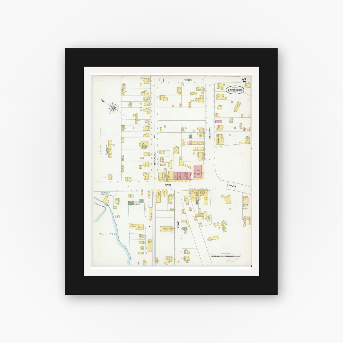 Old map wall art mockup — black gallery frame with white mat — Sanborn Fire Insurance Map from Eatontown, Monmouth County, New Jersey (1901), Sheet #0002