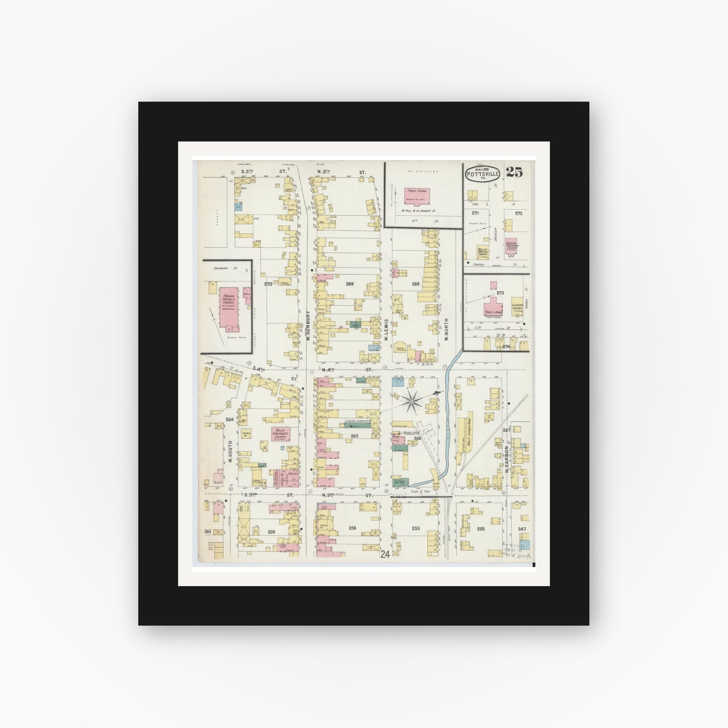 Old map wall art mockup — black gallery frame with white mat — Sanborn Fire Insurance Map from Pottsville, Schuylkill County, Pennsylvania (1895), Sheet #0025