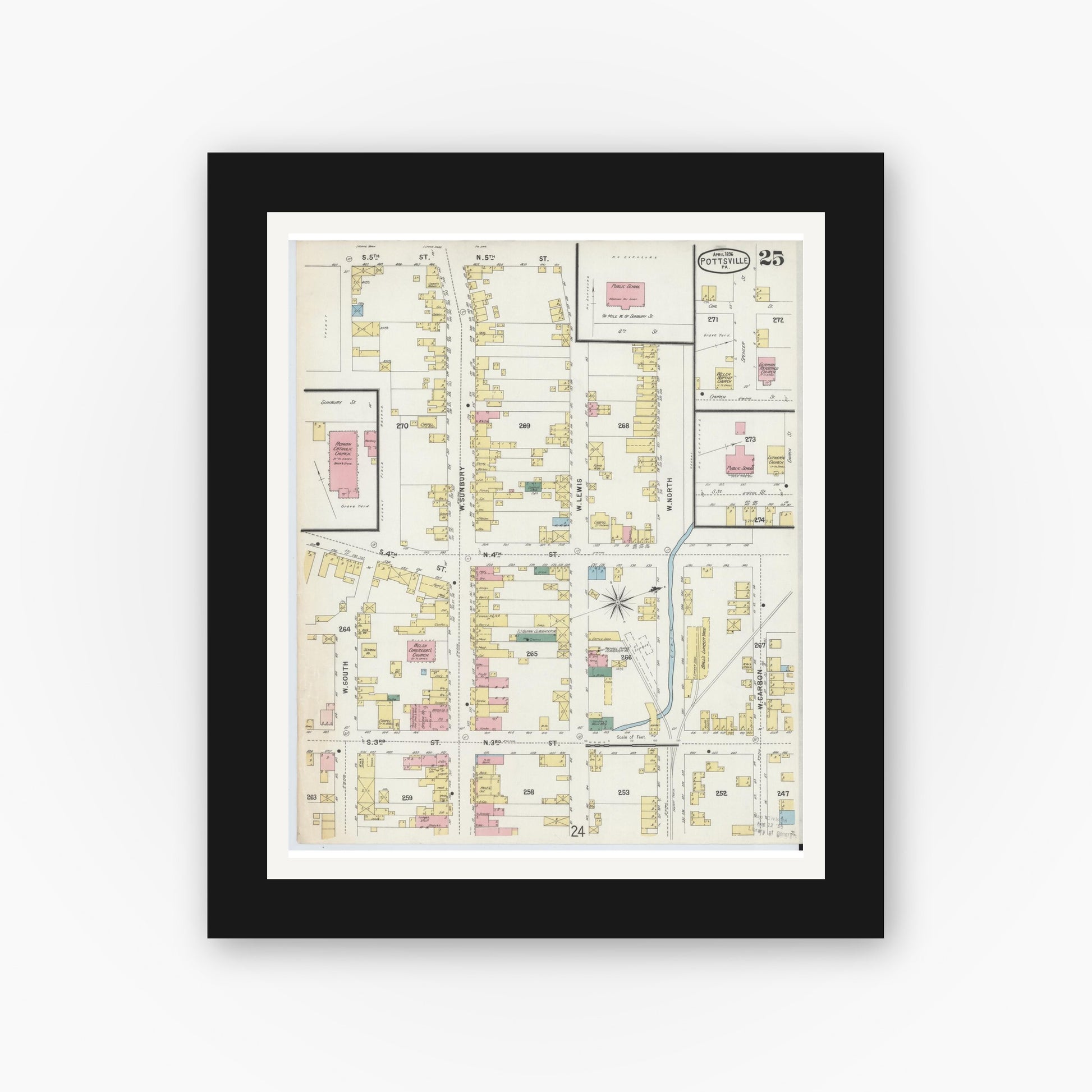 Old map wall art mockup — black gallery frame with white mat — Sanborn Fire Insurance Map from Pottsville, Schuylkill County, Pennsylvania (1895), Sheet #0025