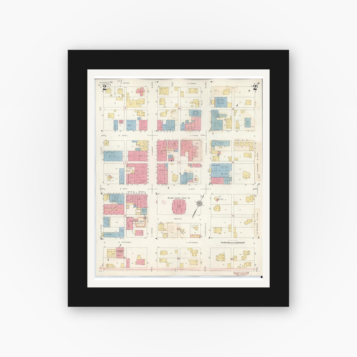Old map wall art mockup — black gallery frame with white mat — Sanborn Fire Insurance Map from Winamac, Pulaski County, Indiana (1943), Sheet #0002