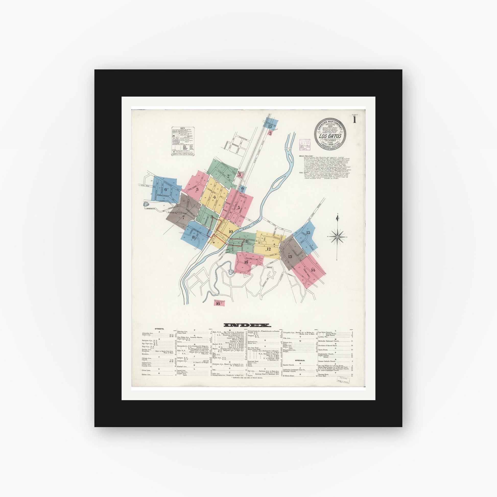 Old map wall art mockup — black gallery frame with white mat — Sanborn Fire Insurance Map from Los Gatos, Santa Clara County, California (1908), Sheet #0001