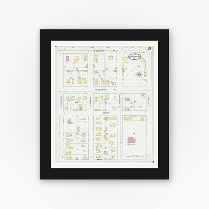 Old map wall art mockup — black gallery frame with white mat — Sanborn Fire Insurance Map from Jacksonville, Morgan County, Illinois (1892), Sheet #0013