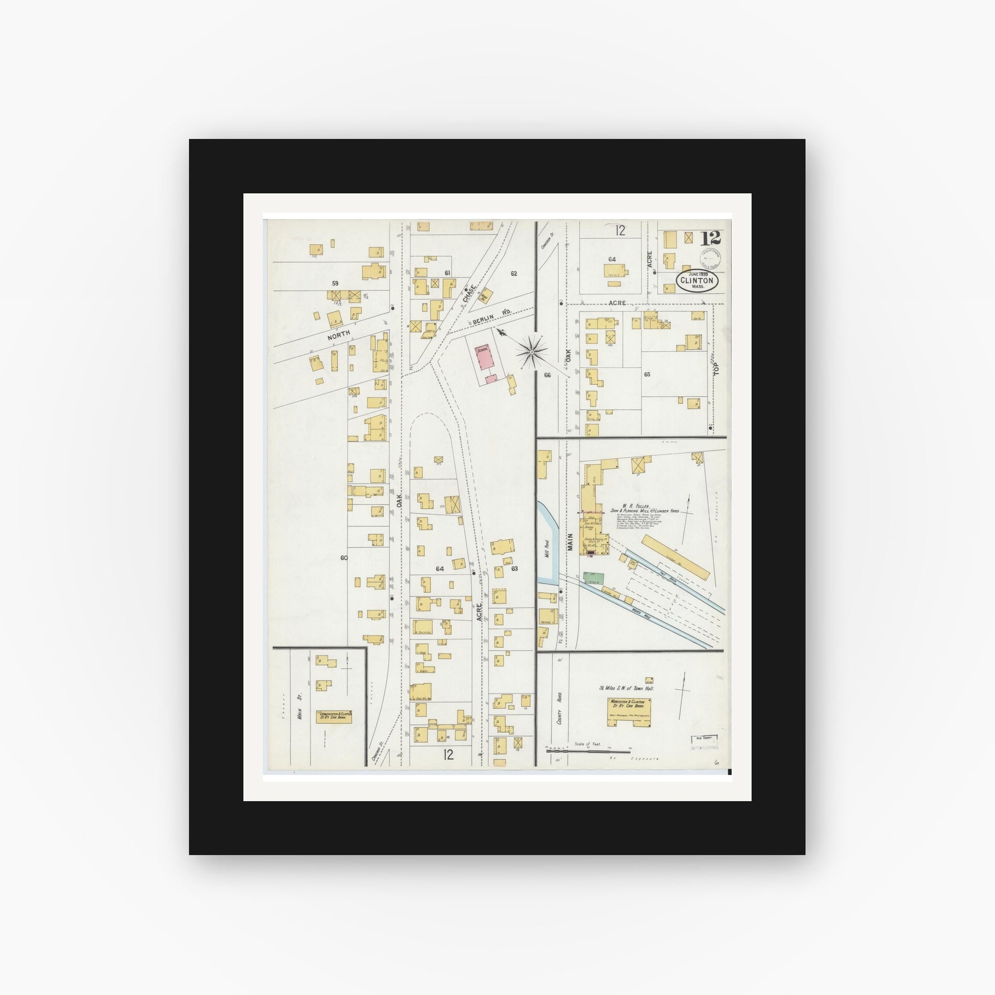 Old map wall art mockup — black gallery frame with white mat — Sanborn Fire Insurance Map from Clinton, Worcester County, Massachusetts (1899), Sheet #0012