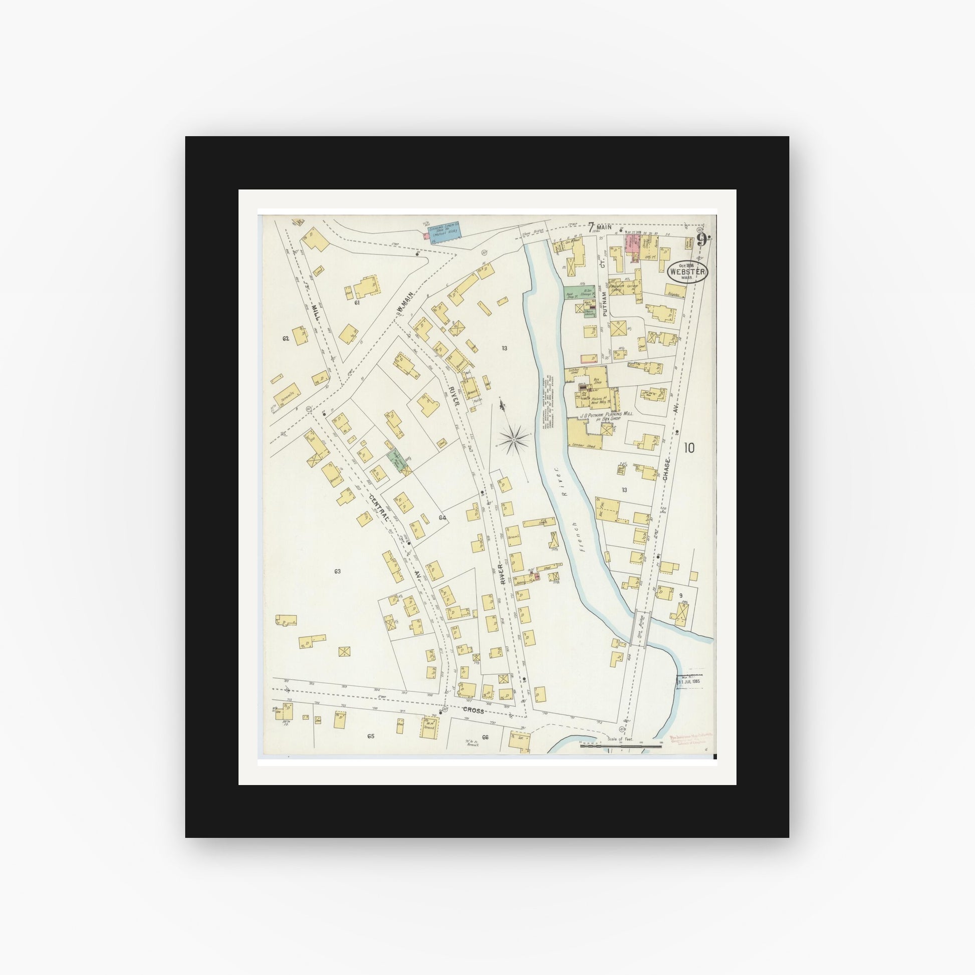 Old map wall art mockup — black gallery frame with white mat — Sanborn Fire Insurance Map from Webster, Worcester County, Massachusetts (1898), Sheet #0009