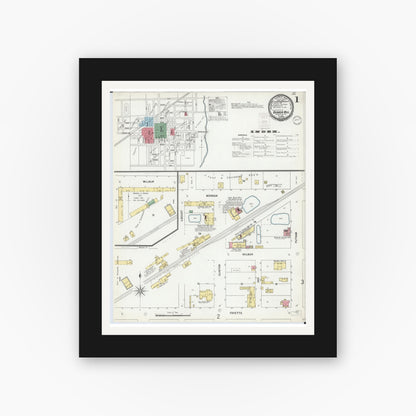 Old map wall art mockup — black gallery frame with white mat — Sanborn Fire Insurance Map from Bunker Hill, Macoupin County, Illinois (1899), Sheet #0001