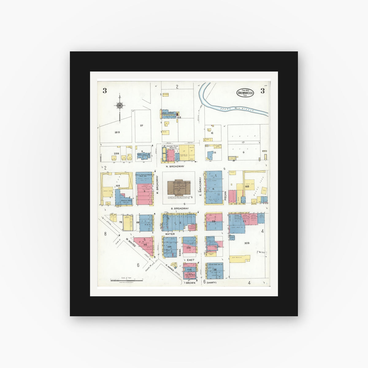 Old map wall art mockup — black gallery frame with white mat — Sanborn Fire Insurance Map from Brownwood, Brown County, Texas (1923), Sheet #0003