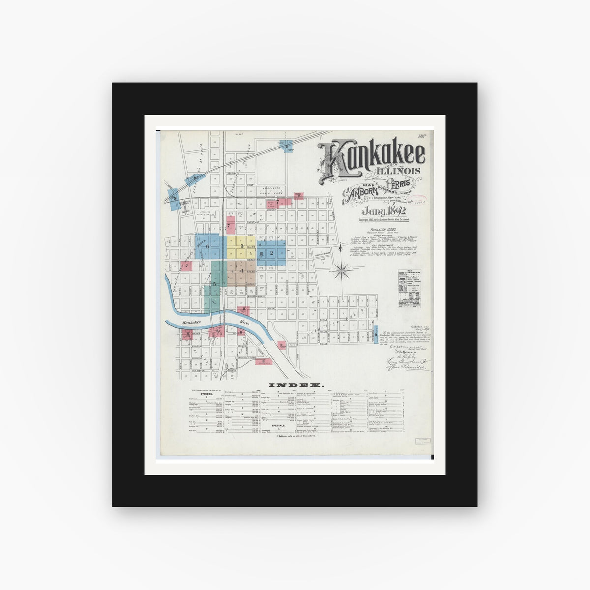 Old map wall art mockup — black gallery frame with white mat — Sanborn Fire Insurance Map from Kankakee, Kankakee County, Illinois (1892) - Complete Map Set