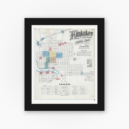 Old map wall art mockup — black gallery frame with white mat — Sanborn Fire Insurance Map from Kankakee, Kankakee County, Illinois (1892) - Complete Map Set