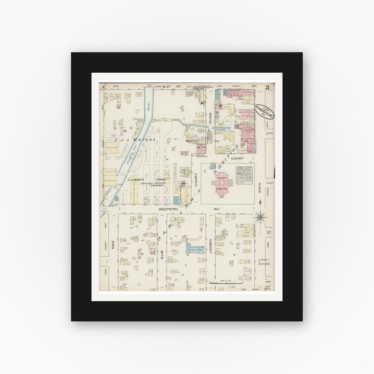 Old map wall art mockup — black gallery frame with white mat — Sanborn Fire Insurance Map from Fond du Lac, Fond du Lac County, Wisconsin (1884), Sheet #0003