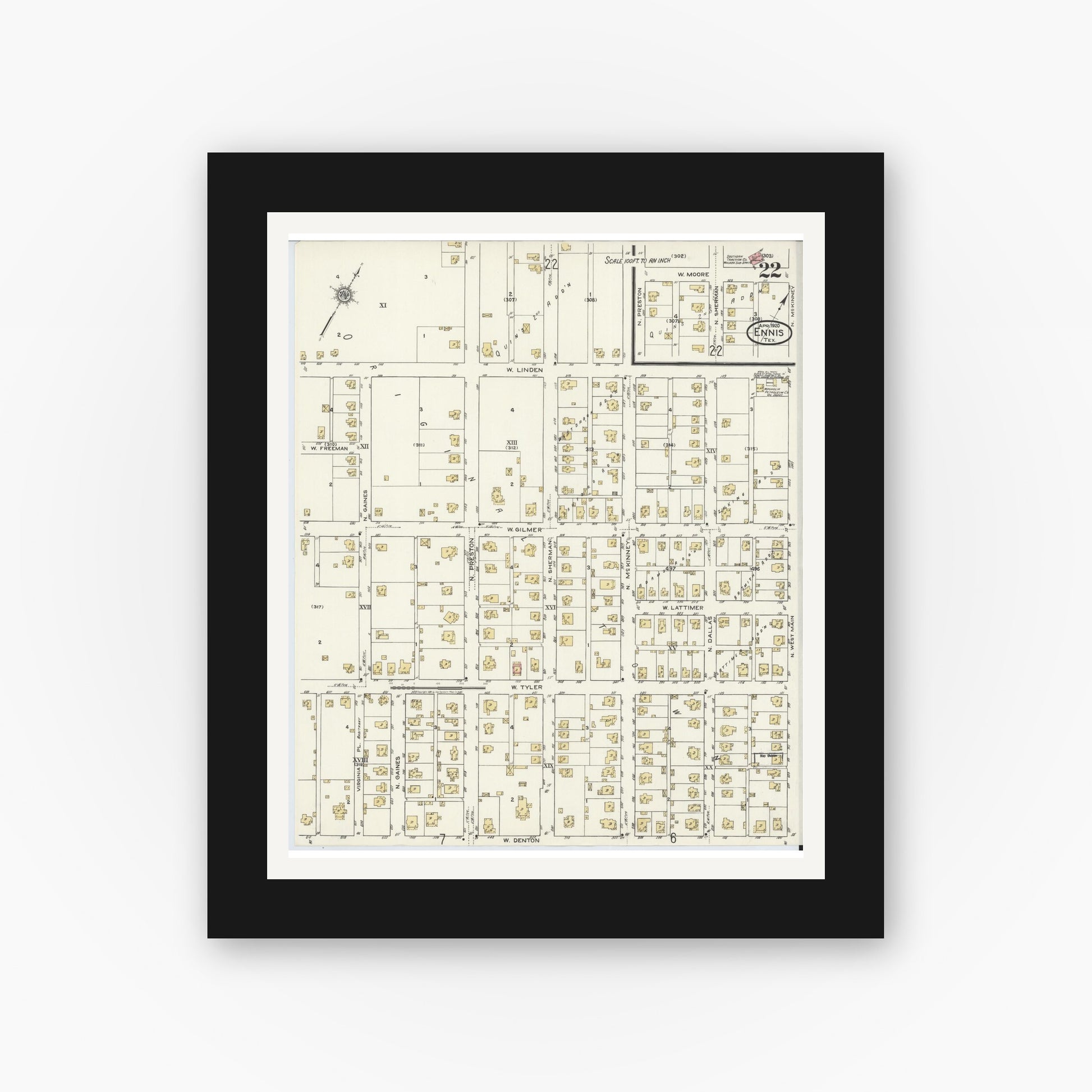 Old map wall art mockup — black gallery frame with white mat — Sanborn Fire Insurance Map from Ennis, Ellis County, Texas (1920), Sheet #0022