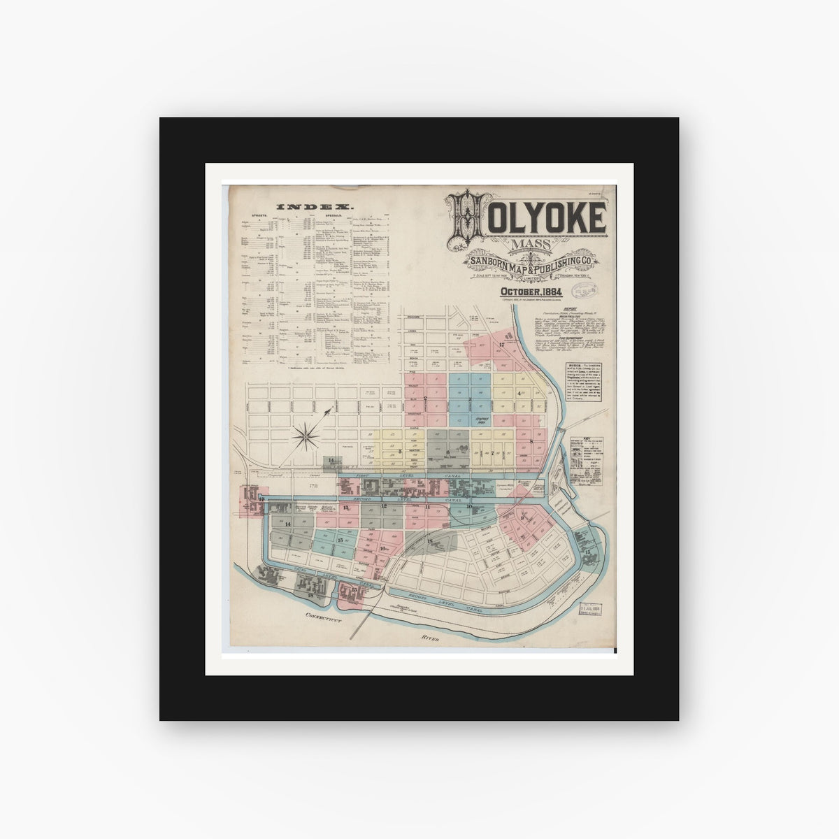 Old map wall art mockup — black gallery frame with white mat — Sanborn Fire Insurance Map from Holyoke, Hampden County, Massachusetts (1884) - Complete Map Set
