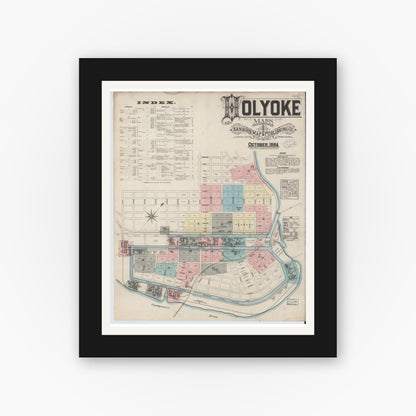 Old map wall art mockup — black gallery frame with white mat — Sanborn Fire Insurance Map from Holyoke, Hampden County, Massachusetts (1884) - Complete Map Set