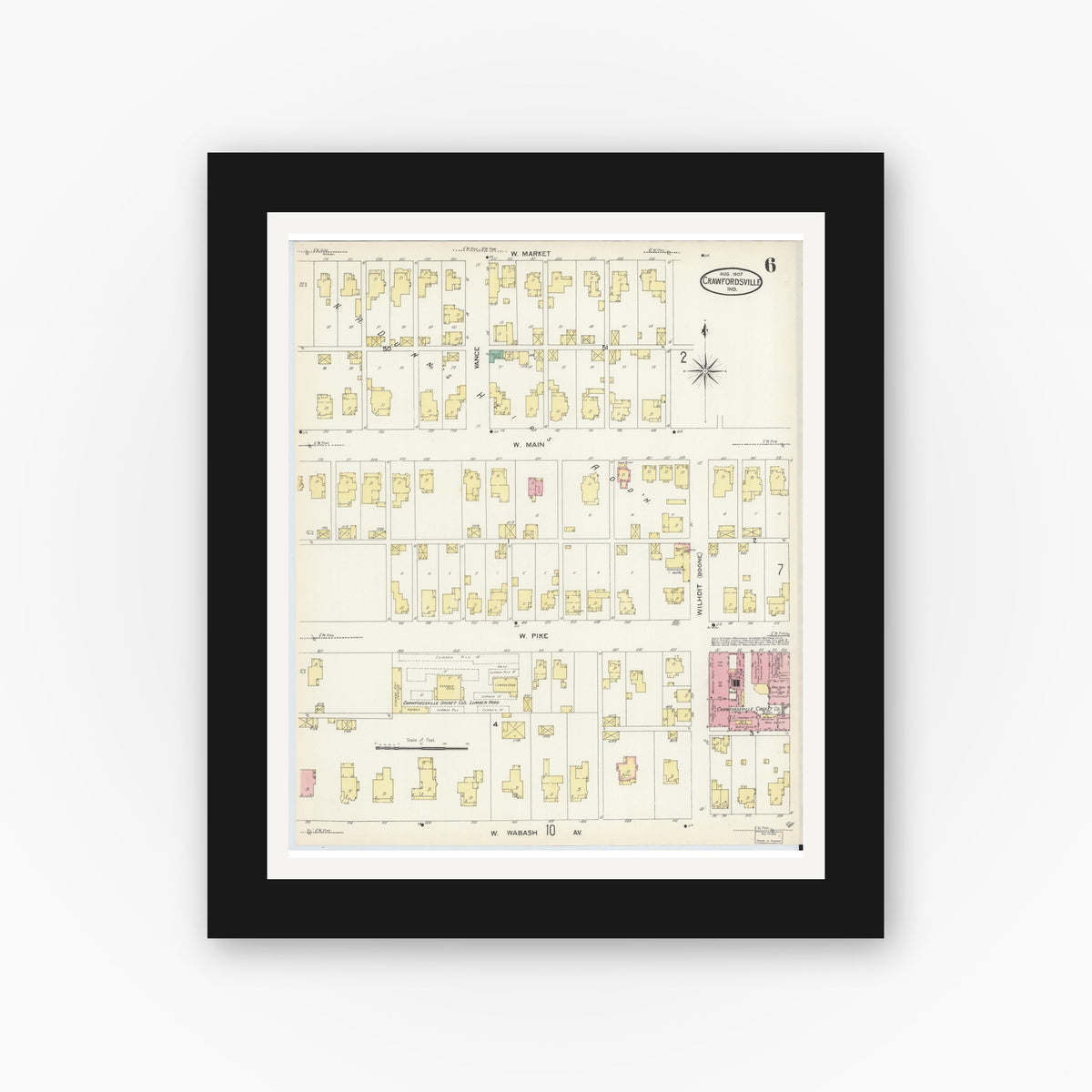 Old map wall art mockup — black gallery frame with white mat — Sanborn Fire Insurance Map from Crawfordsville, Montgomery County, Indiana (1907), Sheet #0006