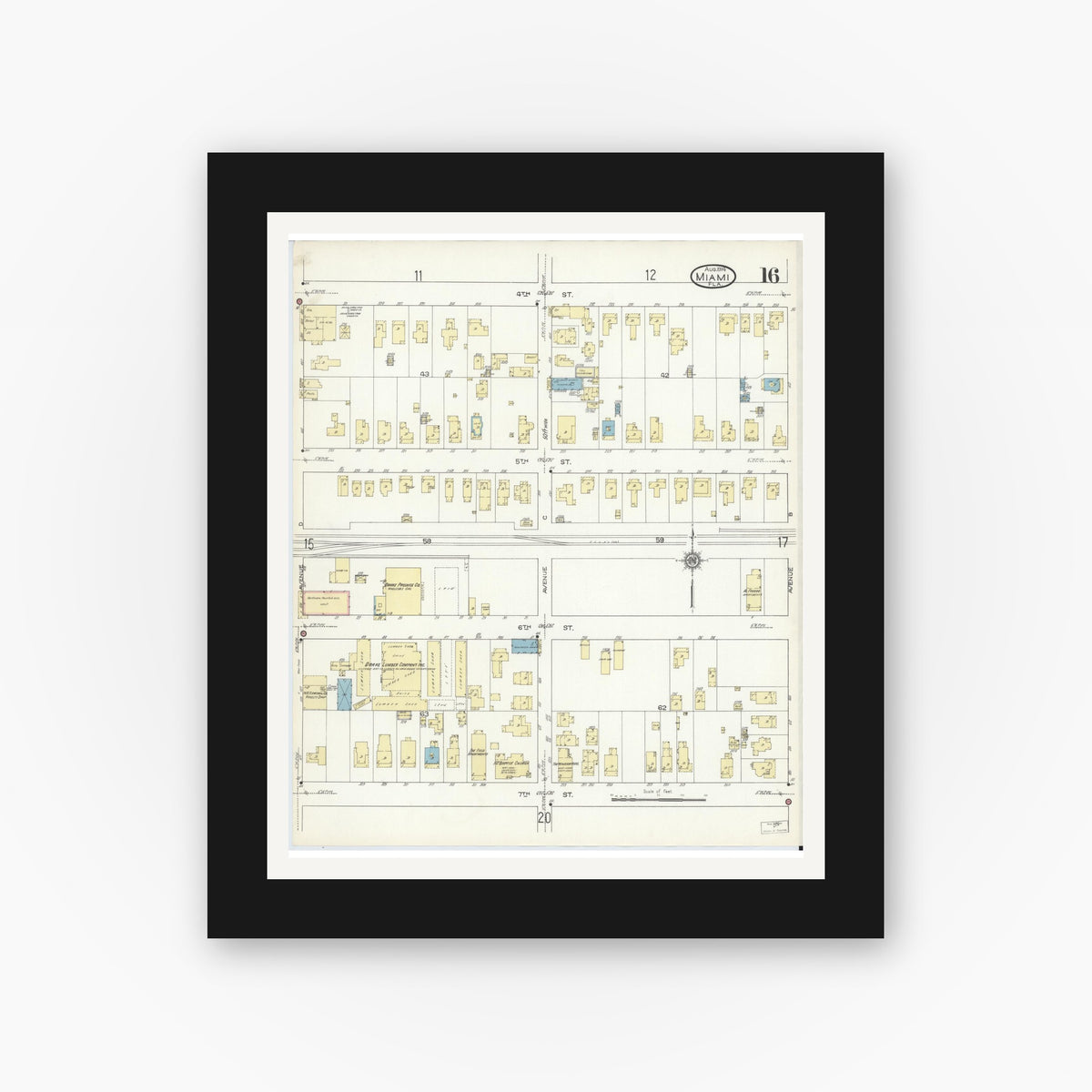Old map wall art mockup — black gallery frame with white mat — Sanborn Fire Insurance Map from Miami, Dade County, Florida (1914), Sheet #0016