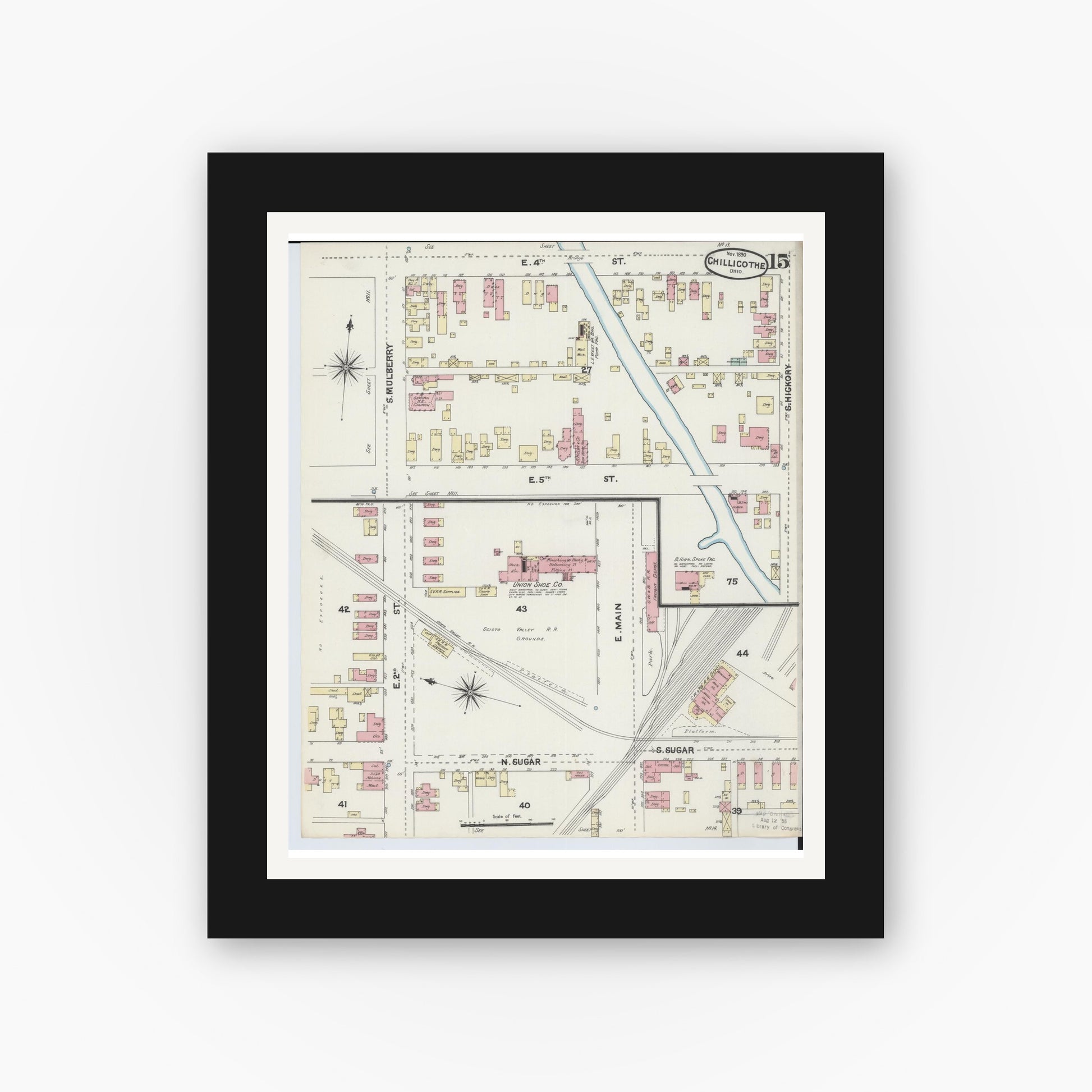 Old map wall art mockup — black gallery frame with white mat — Sanborn Fire Insurance Map from Chillicothe, Ross County, Ohio (1890), Sheet #0015
