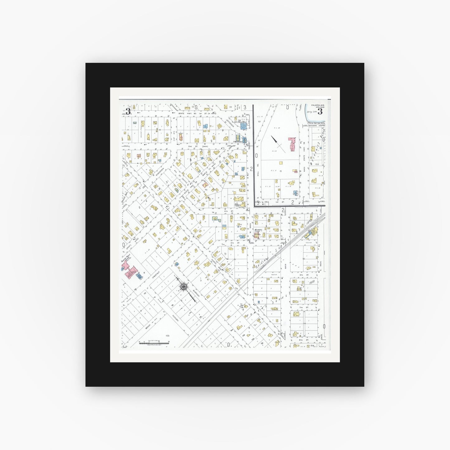 Old map wall art mockup — black gallery frame with white mat — Sanborn Fire Insurance Map from Palmyra, Jefferson County, Wisconsin (1949), Sheet #0003