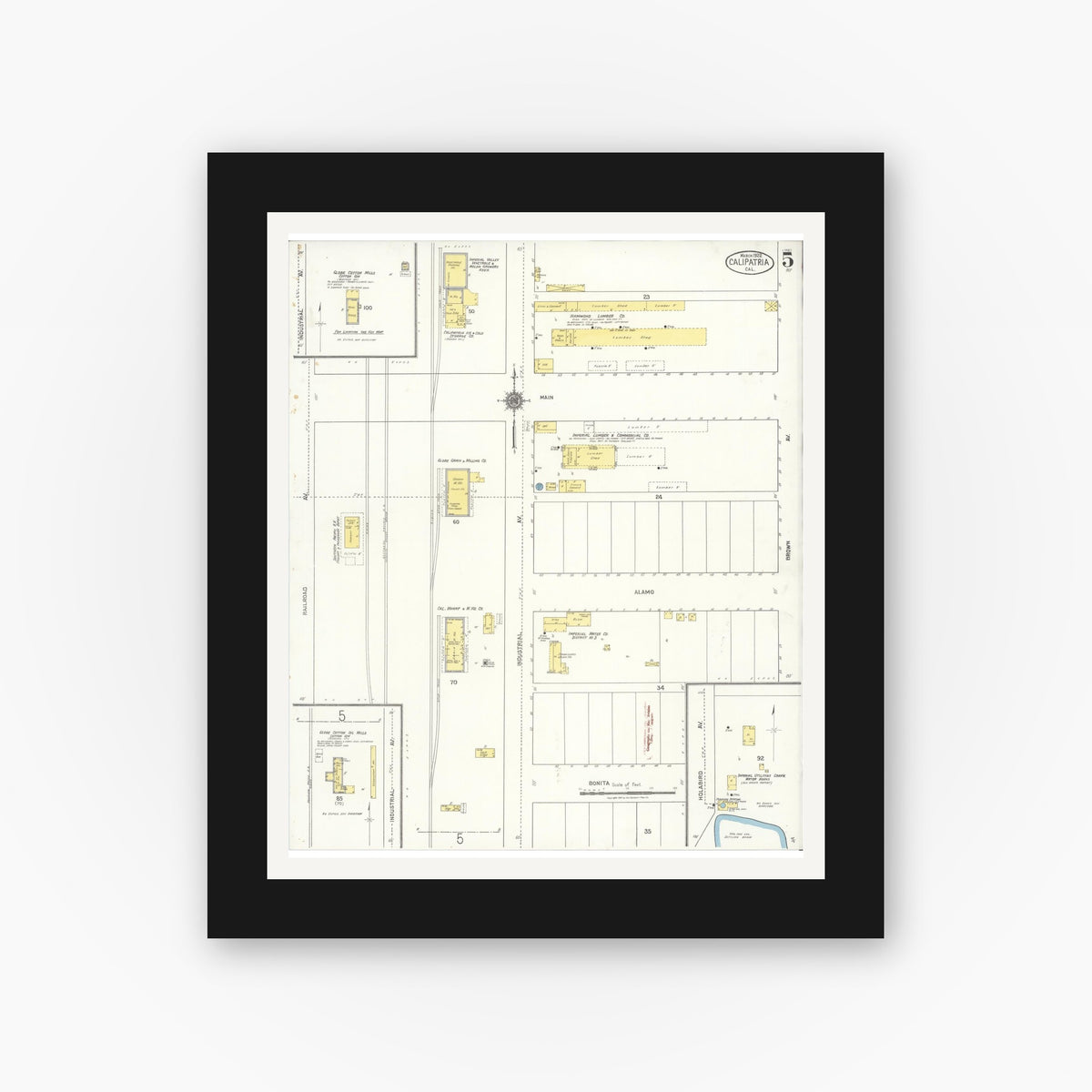 Old map wall art mockup — black gallery frame with white mat — Sanborn Fire Insurance Map from Calipatria, Imperial County, California (1922), Sheet #0005