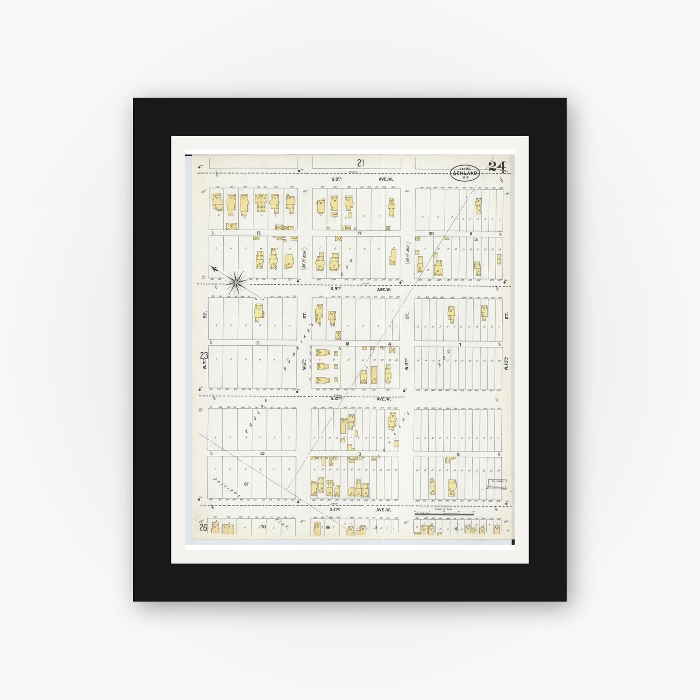 Old map wall art mockup — black gallery frame with white mat — Sanborn Fire Insurance Map from Ashland, Ashland County, Wisconsin (1901), Sheet #0024
