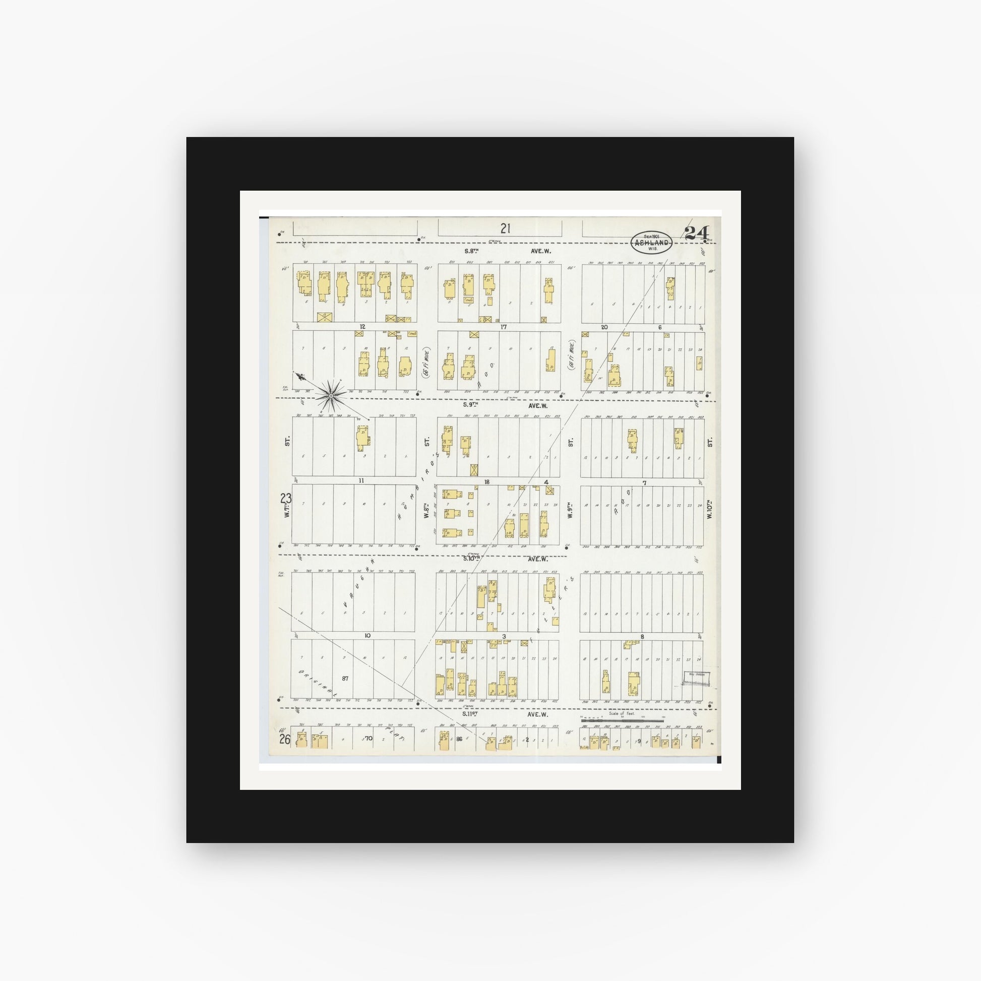 Old map wall art mockup — black gallery frame with white mat — Sanborn Fire Insurance Map from Ashland, Ashland County, Wisconsin (1901), Sheet #0024