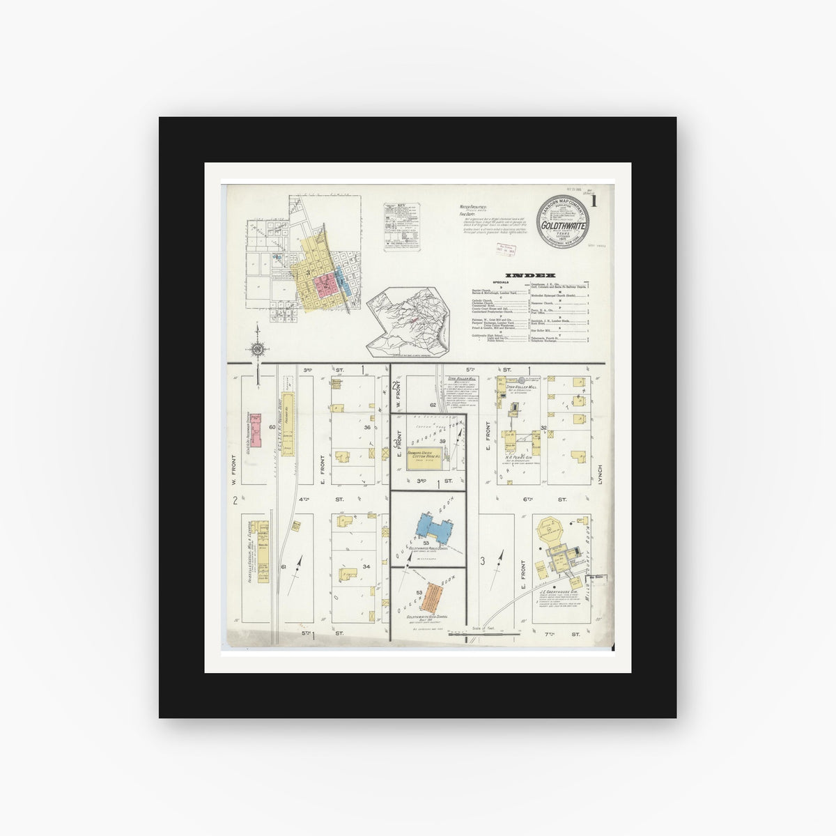 Old map wall art mockup — black gallery frame with white mat — Sanborn Fire Insurance Map from Goldthwaite, Mills County, Texas (1915) - Complete Map Set