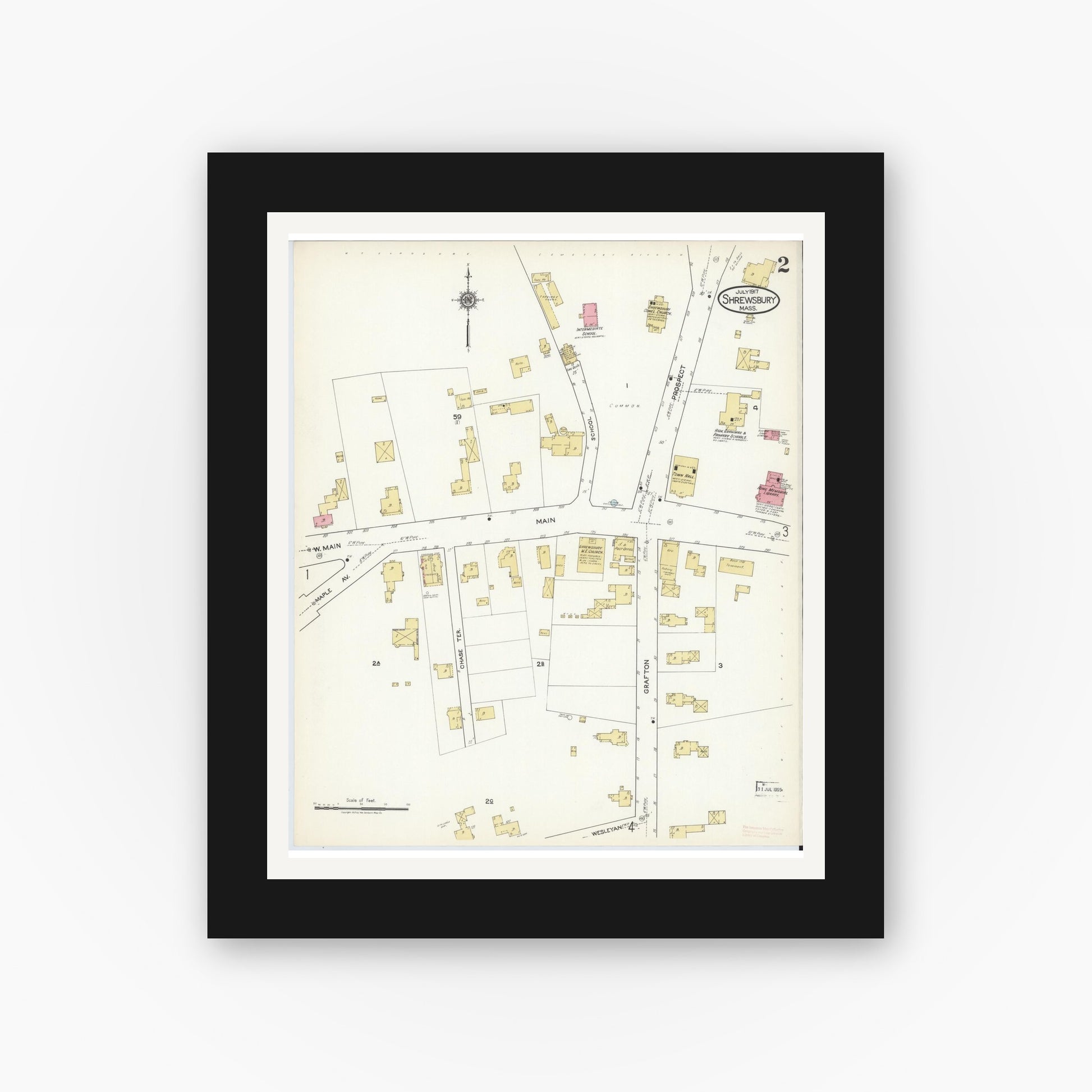 Old map wall art mockup — black gallery frame with white mat — Sanborn Fire Insurance Map from Shrewsbury, Worcester County, Massachusetts (1917), Sheet #0002