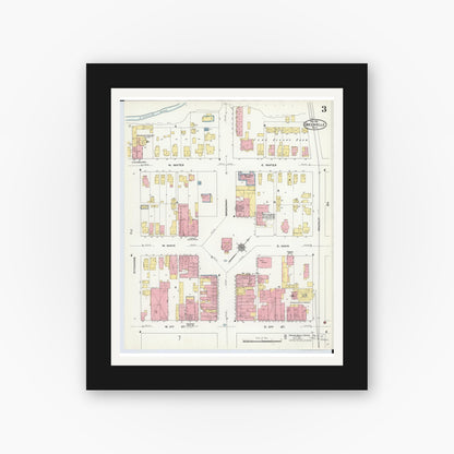 Old map wall art mockup — black gallery frame with white mat — Sanborn Fire Insurance Map from Greenville, Darke County, Ohio (1910), Sheet #0003