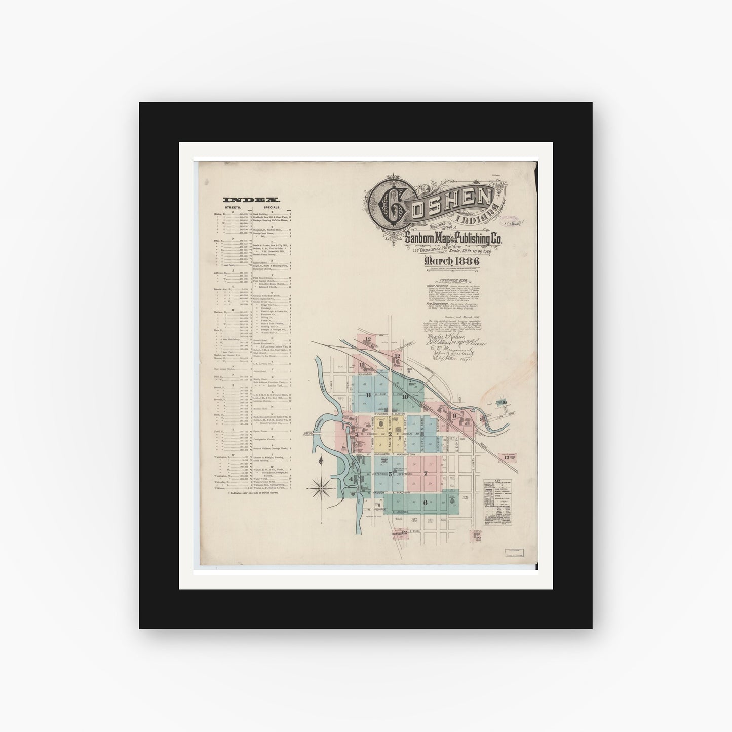 Old map wall art mockup — black gallery frame with white mat — Sanborn Fire Insurance Map from Goshen, Elkhart County, Indiana (1886), Sheet #0001