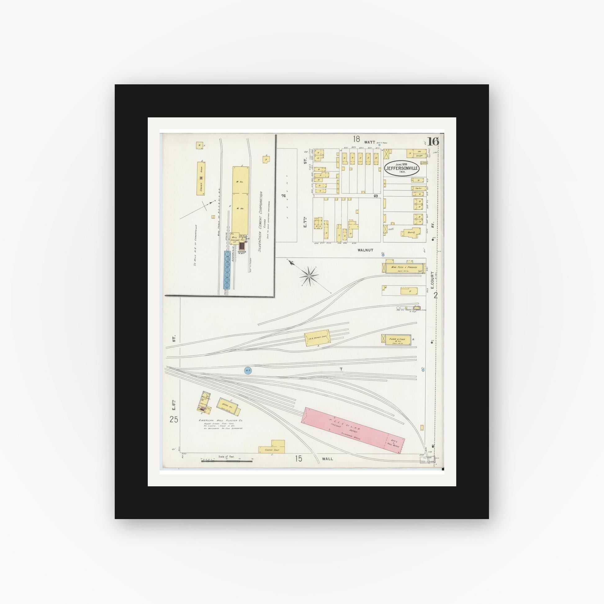 Old map wall art mockup — black gallery frame with white mat — Sanborn Fire Insurance Map from Jeffersonville, Clark County, Indiana (1898), Sheet #0016