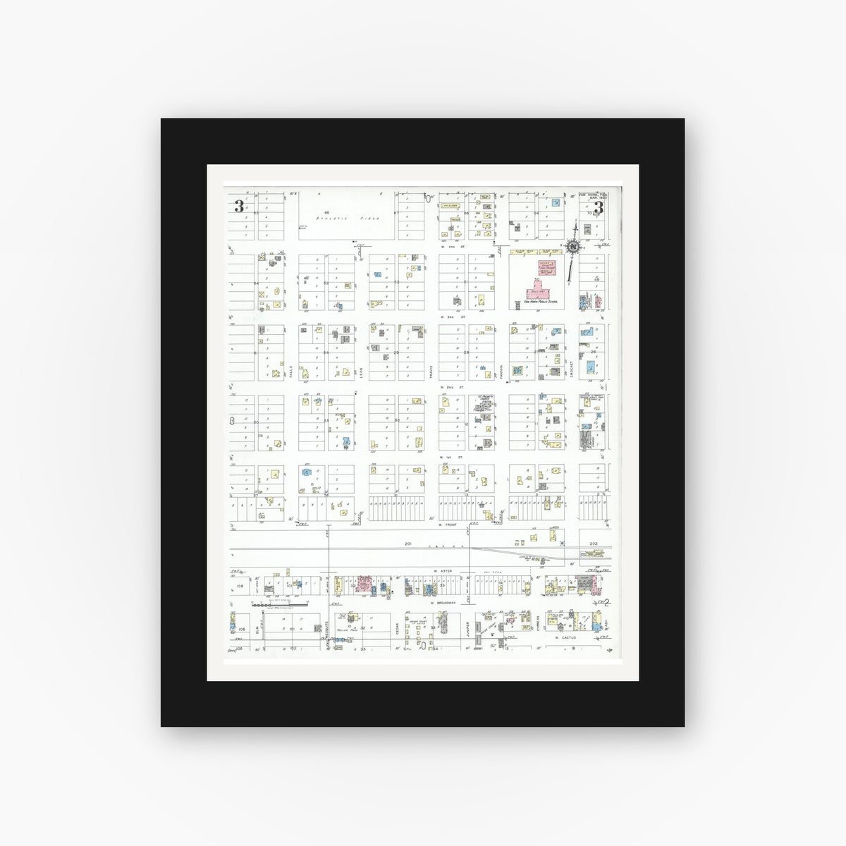 Old map wall art mockup — black gallery frame with white mat — Sanborn Fire Insurance Map from Van Horn, Culberson County, Texas (1950), Sheet #0003