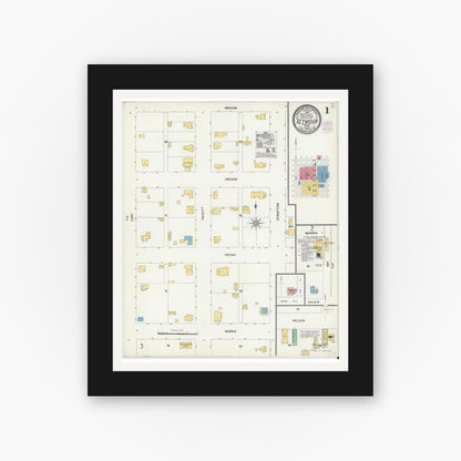 Old map wall art mockup — black gallery frame with white mat — Sanborn Fire Insurance Map from Seymour, Baylor County, Texas (1904), Sheet #0001