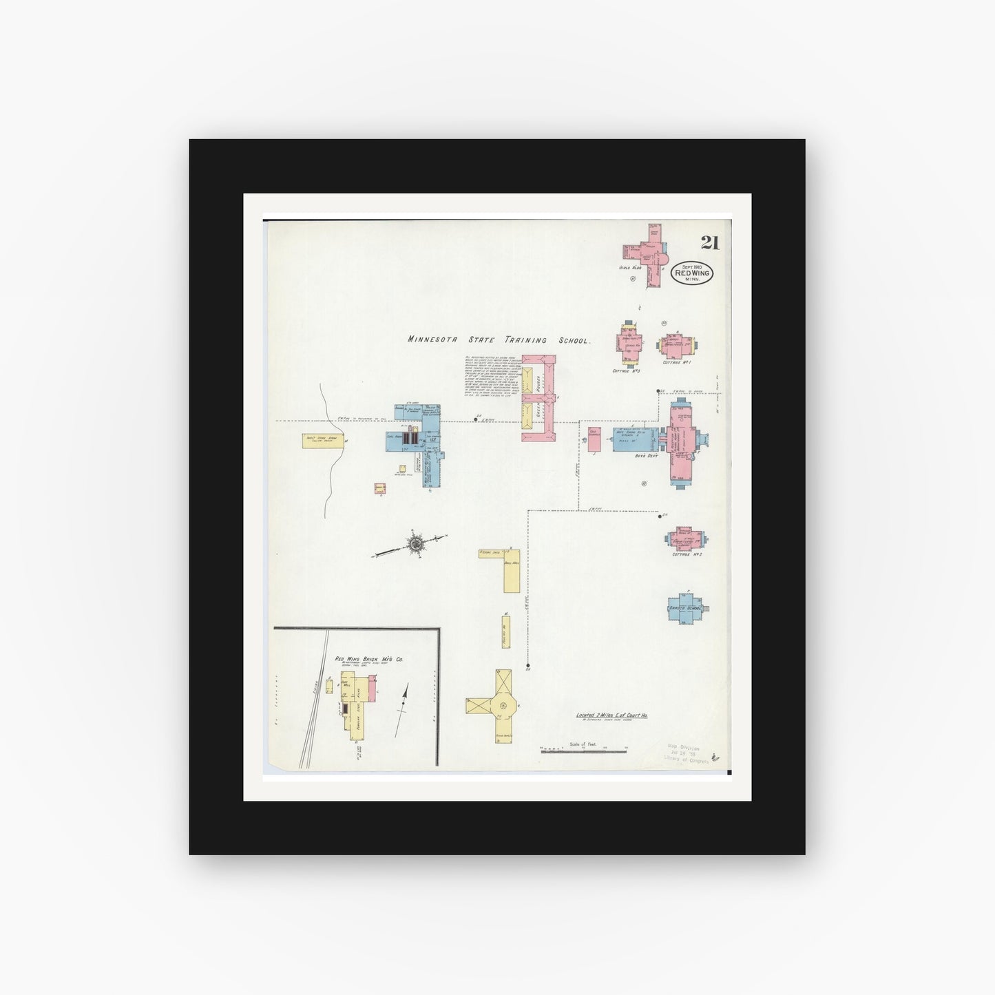Old map wall art mockup — black gallery frame with white mat — Sanborn Fire Insurance Map from Red Wing, Goodhue County, Minnesota (1910), Sheet #0021